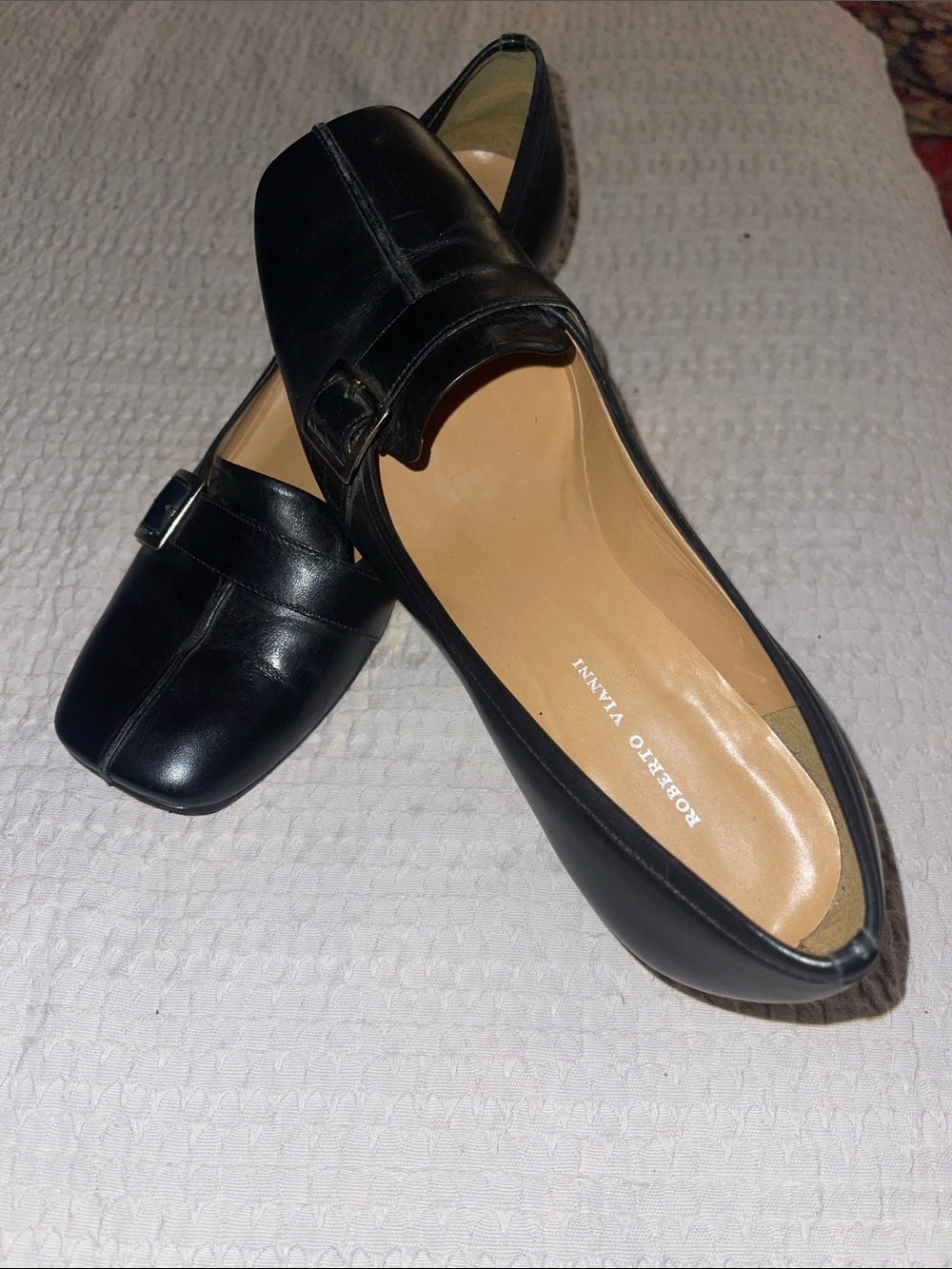 Roberto Vianni Black Leather Square-Toe Heels - Picture 2 of 4